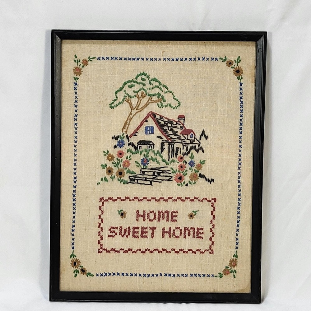 Vintage Home Sweet Home Needlepoint Framed Wall Art Cross Stitch Cottagecore